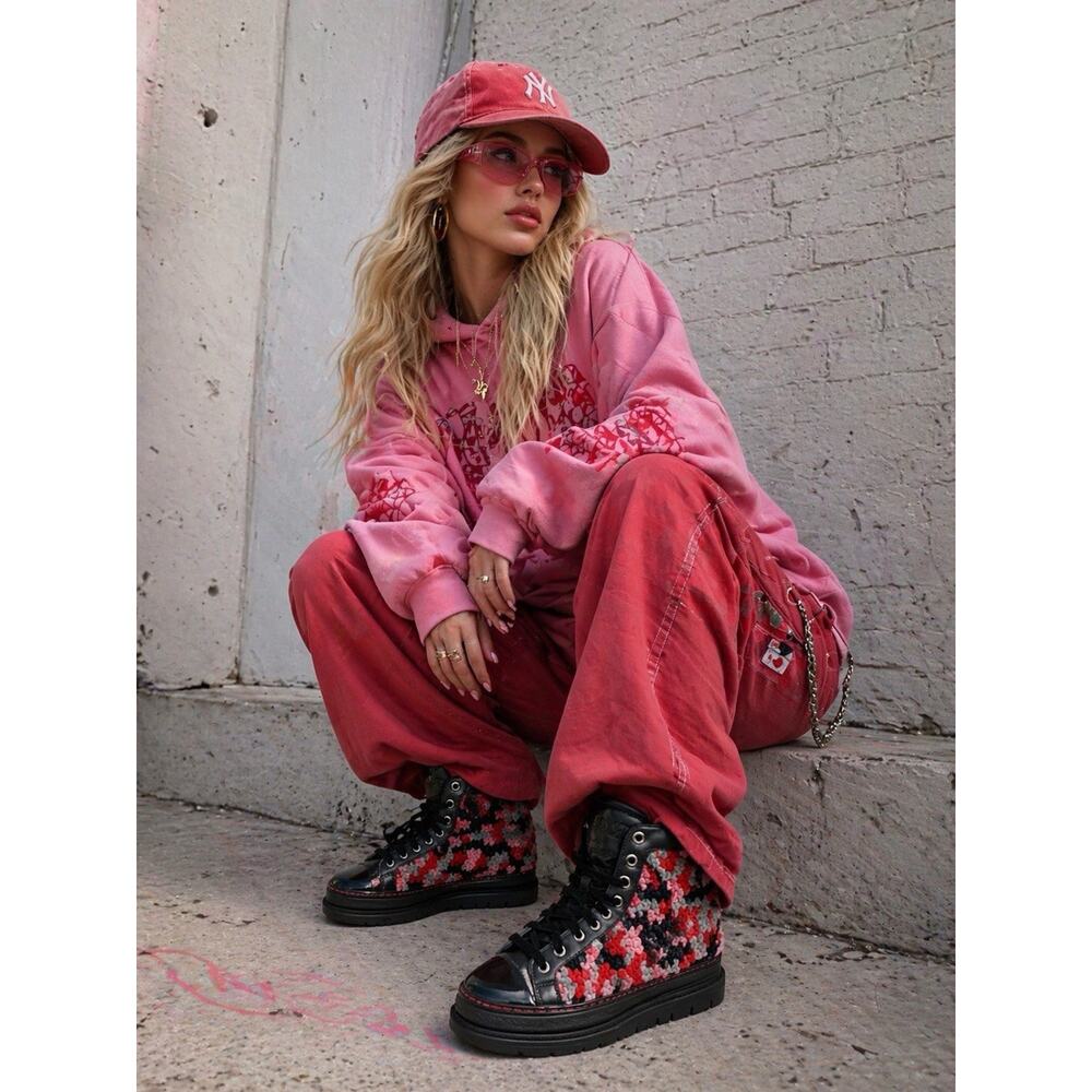 KROJAY Crochet High Top Boots Black Pink Red Chunky Streetwear RARE Womens 9
